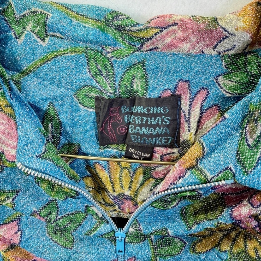 70s Disco Glam Metallic FloralVintage Zip Jacket Bouncing Bertha Blue Pink Sz 9 - Picture 3 of 13